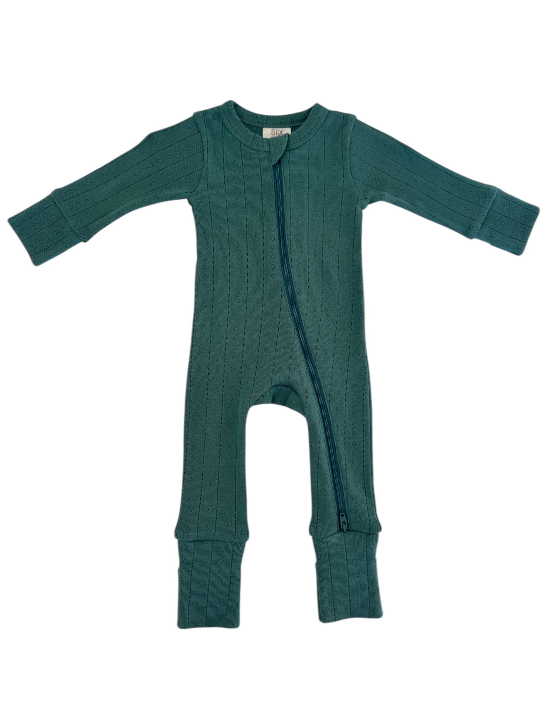 Teal ribbed baby onesie featuring a front zipper and long sleeves. Ideal for comfort and warmth.