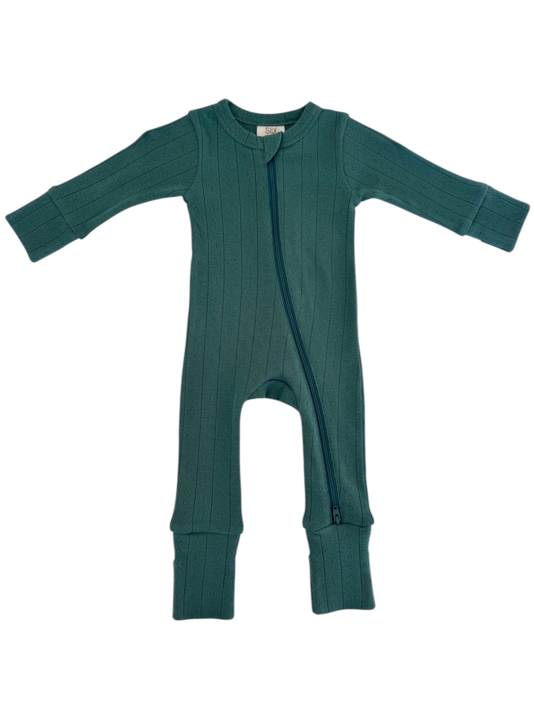Teal ribbed baby onesie featuring a front zipper and long sleeves. Ideal for comfort and warmth.