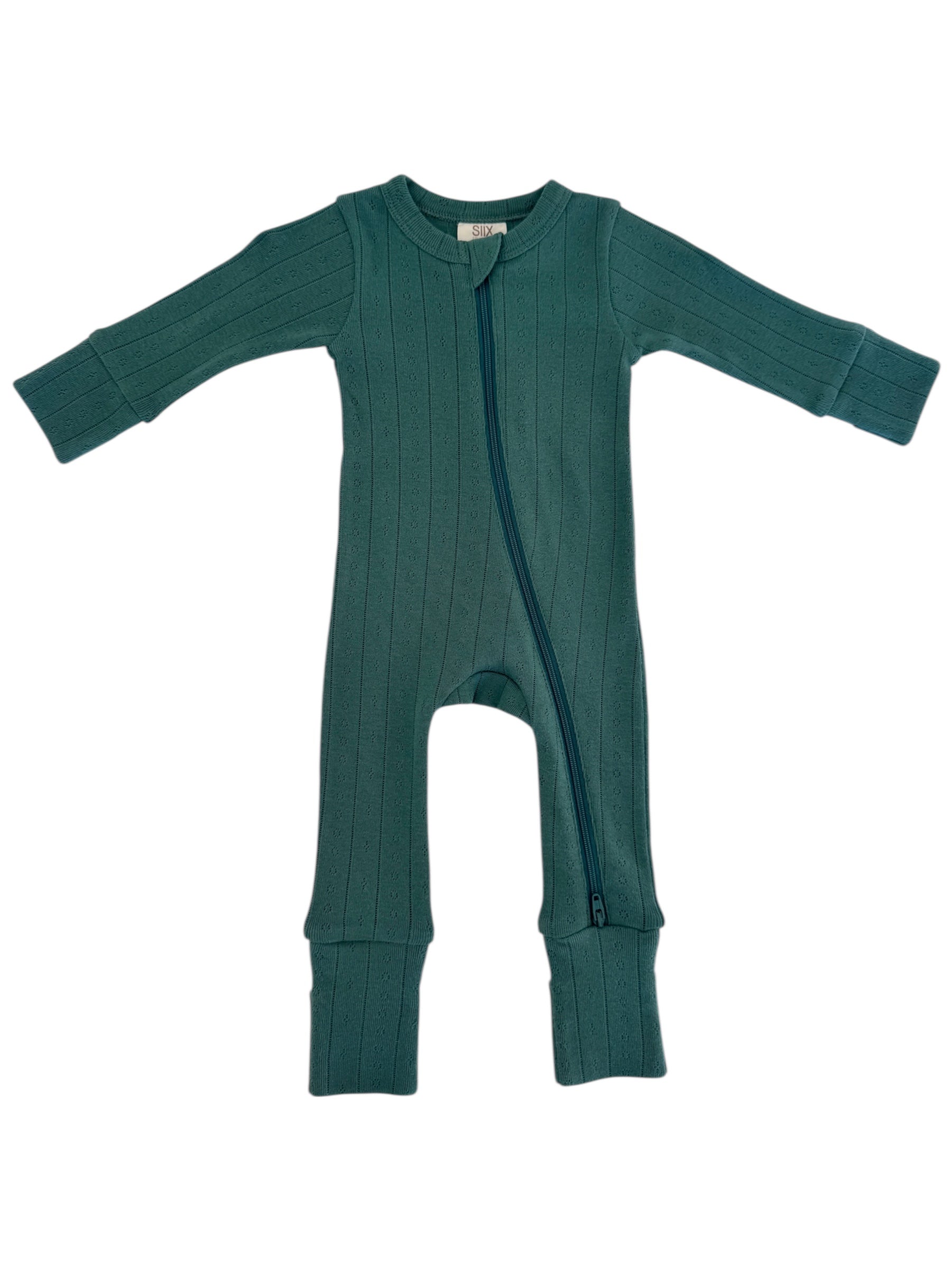 Teal ribbed baby onesie featuring a front zipper and long sleeves. Ideal for comfort and warmth.