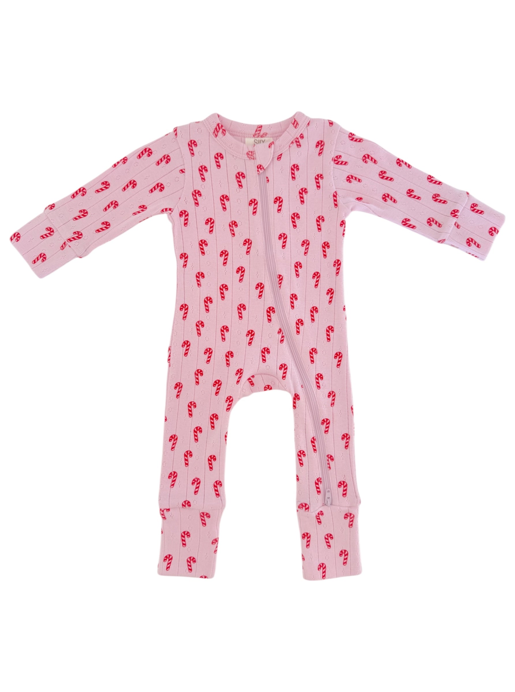 Pink baby onesie with red candy cane pattern and long sleeves, zippered front for easy dressing.