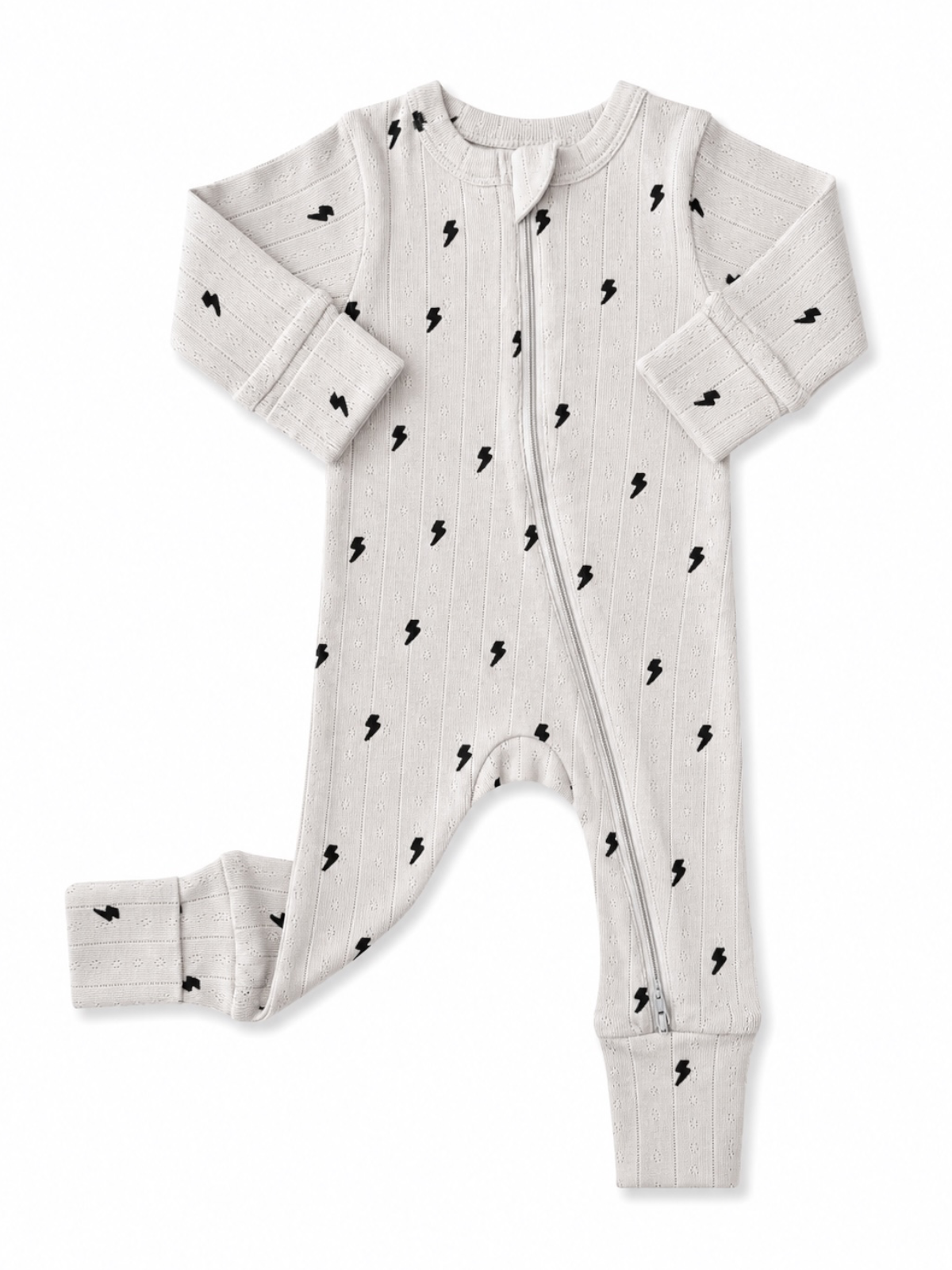 Light gray baby onesie with black lightning bolt patterns and a front zipper. Ideal for comfort and style.