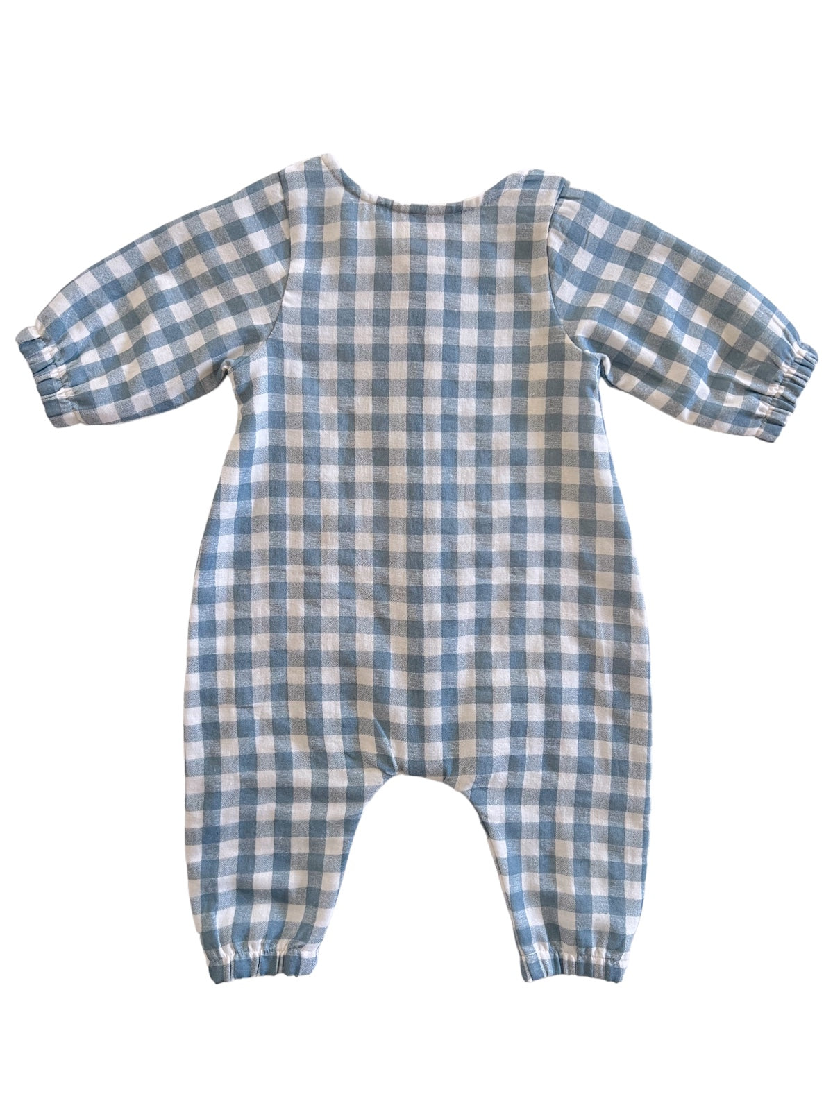 Blue and white checkered baby romper viewed from the back.