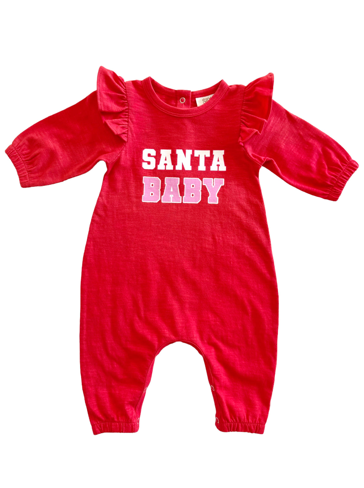 Red baby romper with ruffled sleeves and "SANTA BABY" text in white and pink. Perfect for festive occasions.