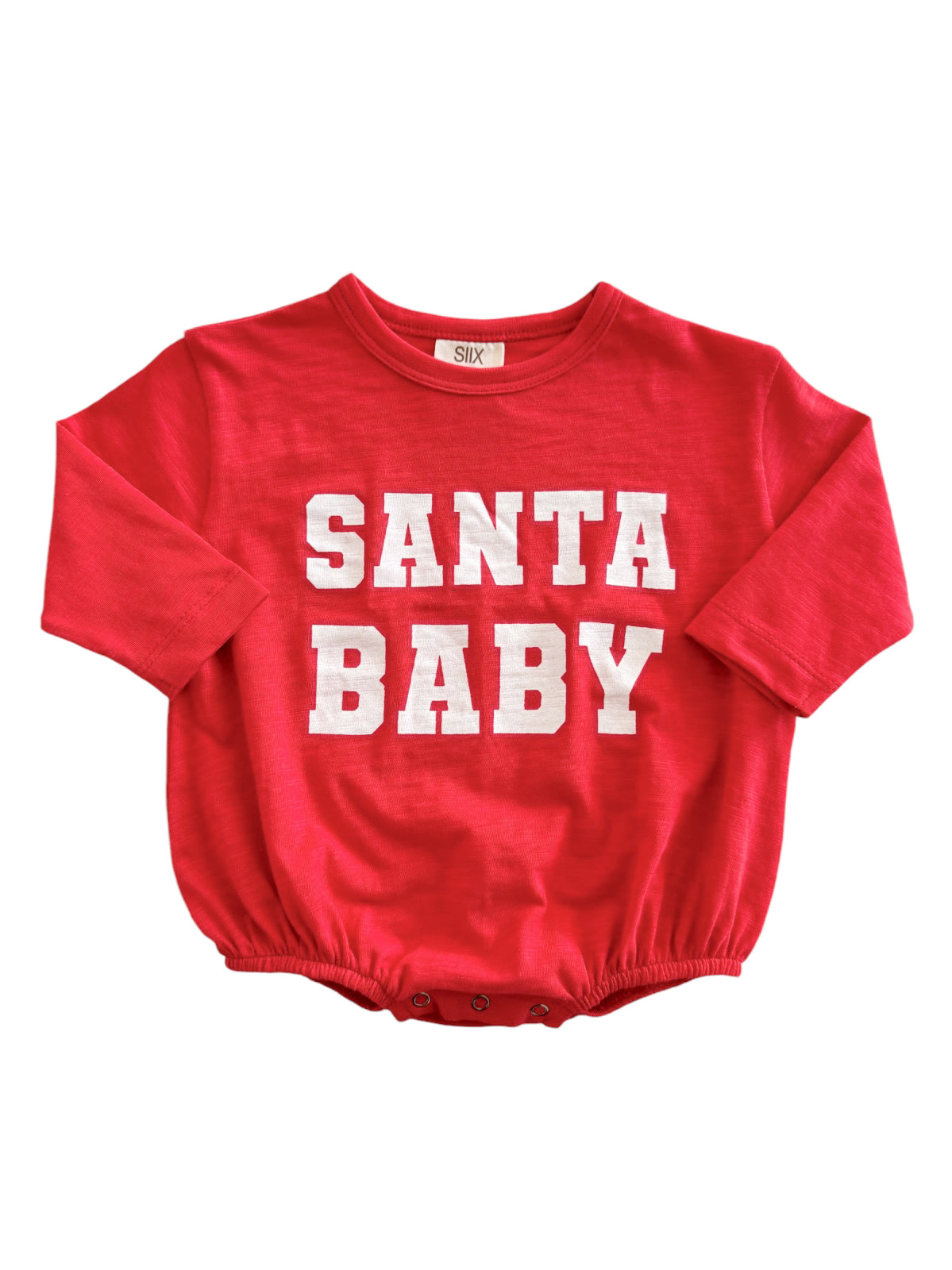 Red baby bodysuit with "SANTA BABY" text in bold white letters on the front.
