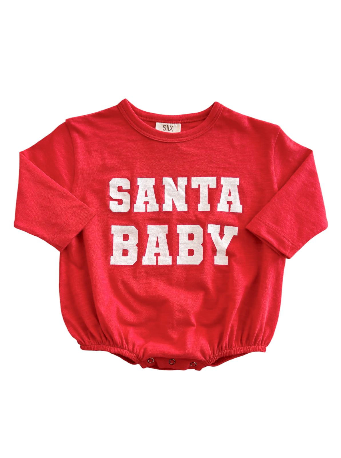 Red baby bodysuit with "SANTA BABY" text in bold white letters on the front.