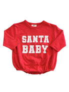 Red baby bodysuit with "SANTA BABY" text in bold white letters on the front.