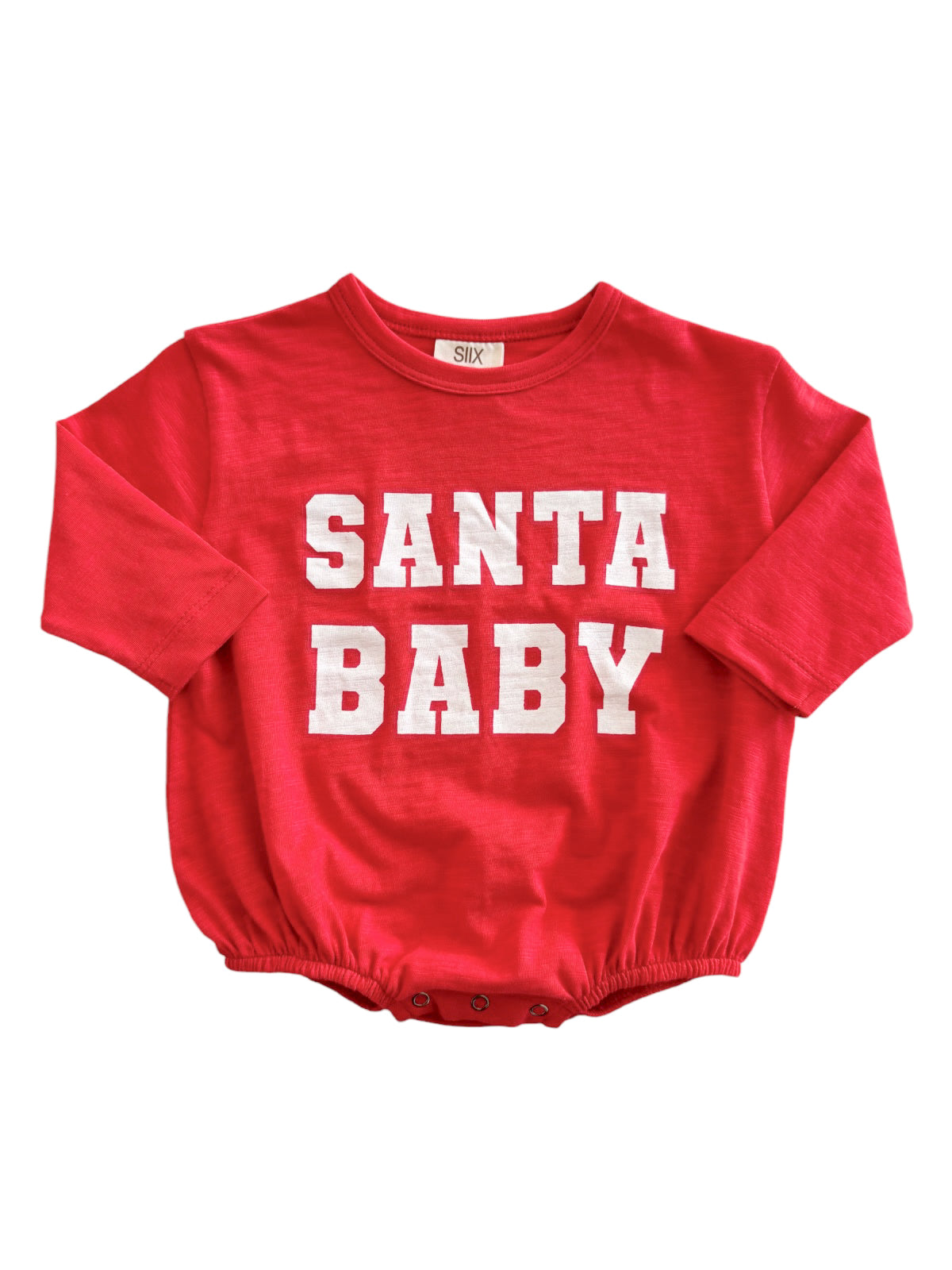 Red baby bodysuit with "SANTA BABY" text in bold white letters on the front.