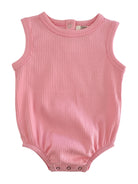 Light pink ribbed baby onesie with sleeveless design and snap closure at the bottom.