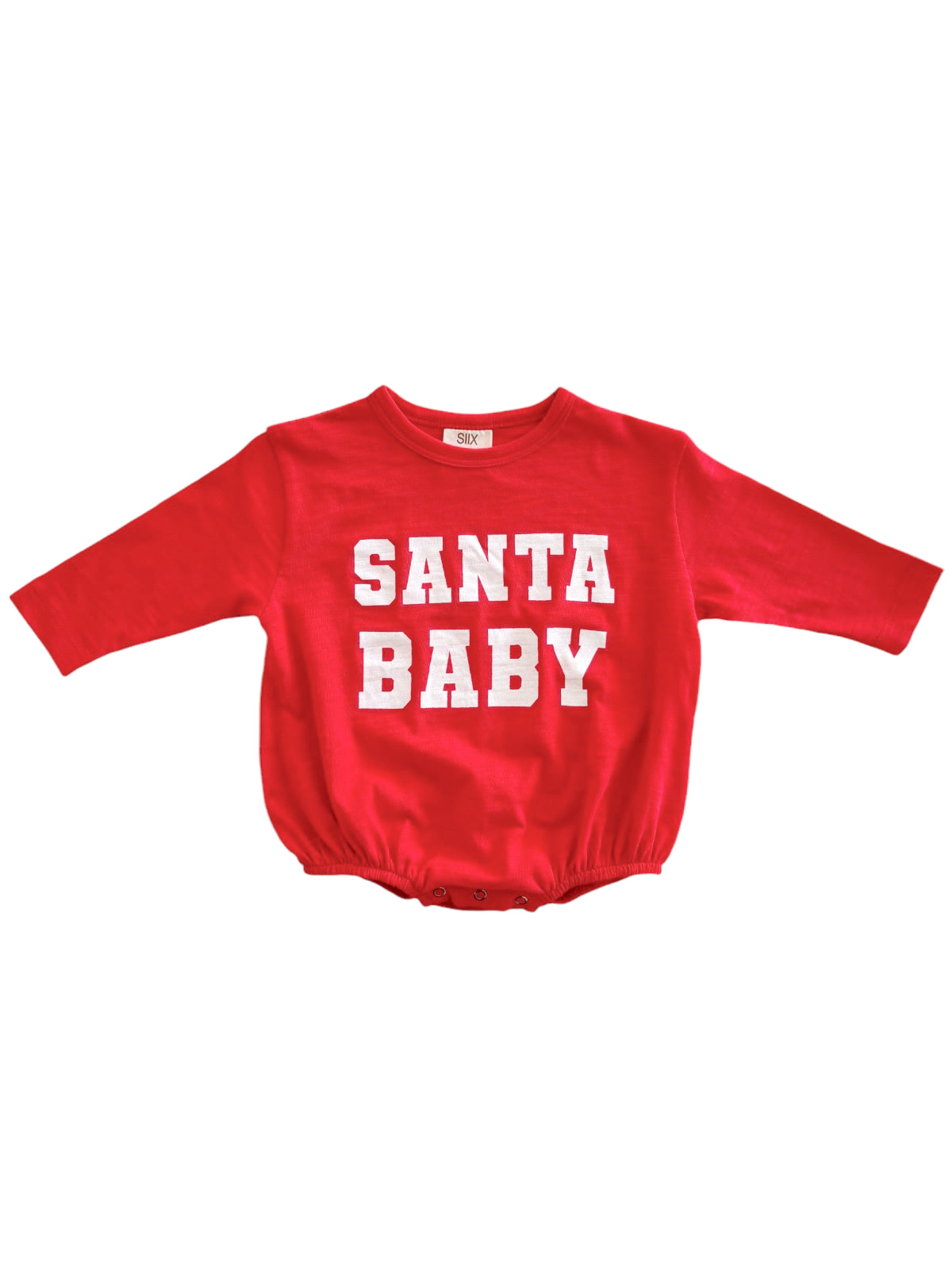 Red long-sleeve onesie with the text "SANTA BABY" in bold white letters.