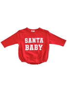 Red long-sleeve onesie with the text "SANTA BABY" in bold white letters.