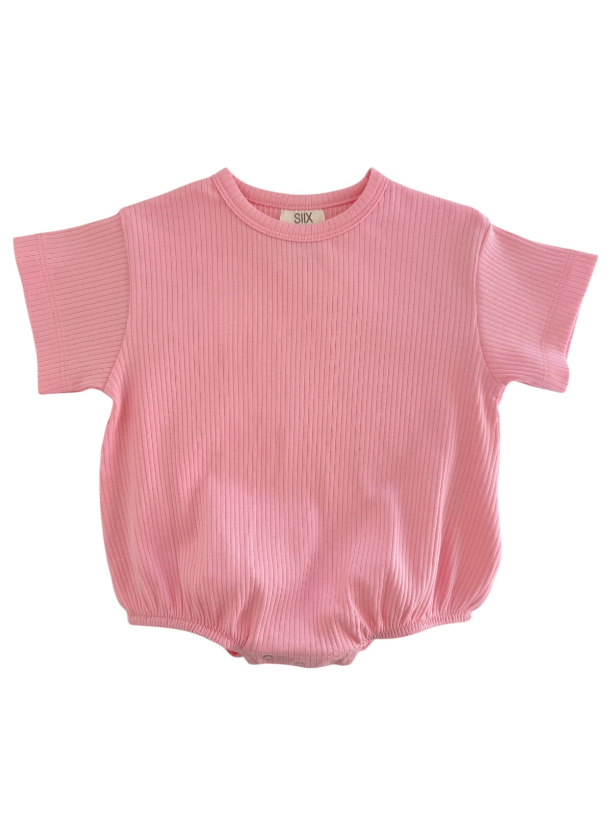 Light pink ribbed short-sleeve baby top with a gathered bottom. Soft and comfortable fabric for infants.