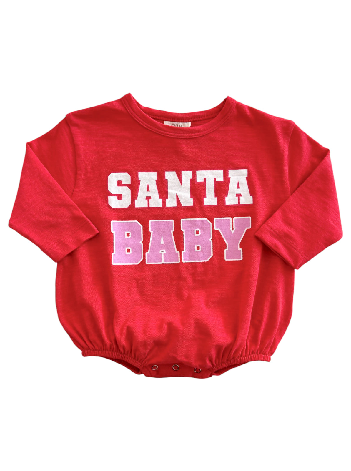 Red baby onesie with the text "SANTA BABY" in white and pink letters. Perfect for holiday celebrations.