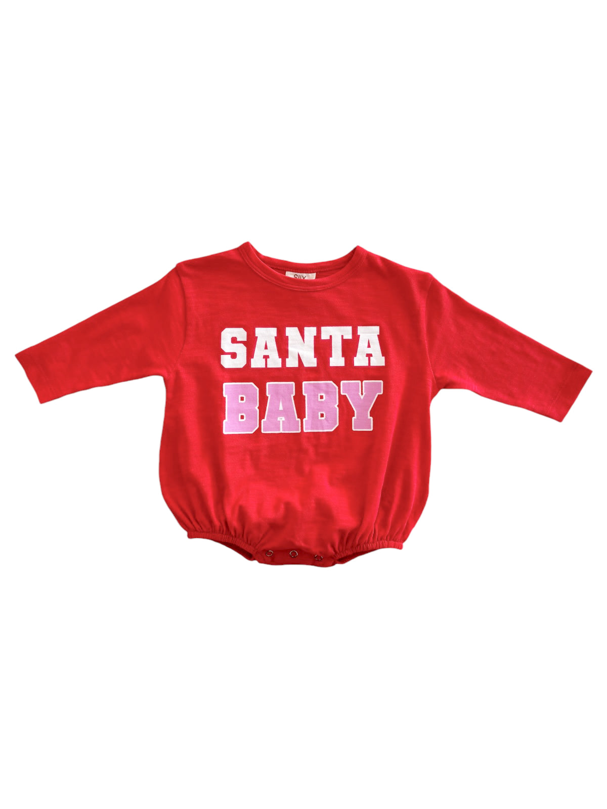 Red onesie with "SANTA BABY" printed in white and pink letters, featuring long sleeves and snap closures.