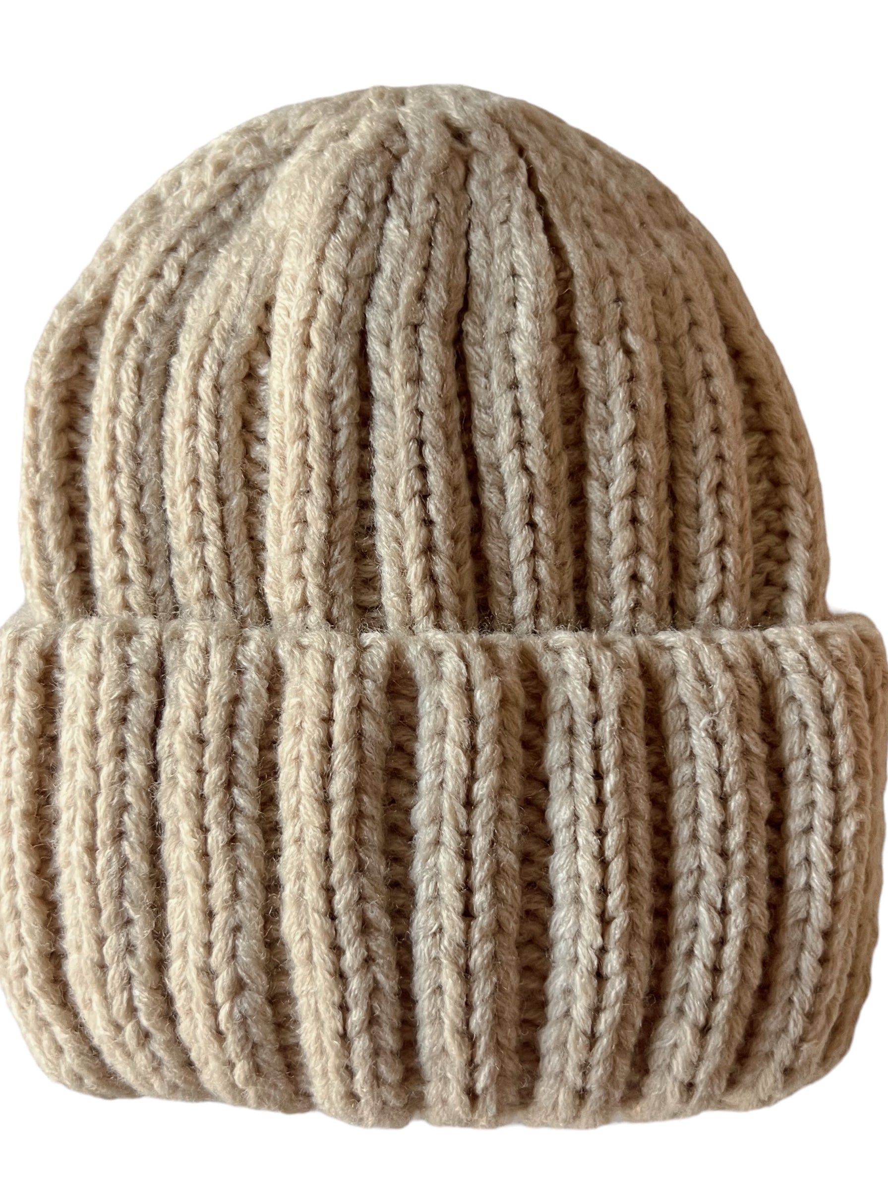 Cream knit beanie hat with ribbed texture, designed to provide warmth in cold weather.