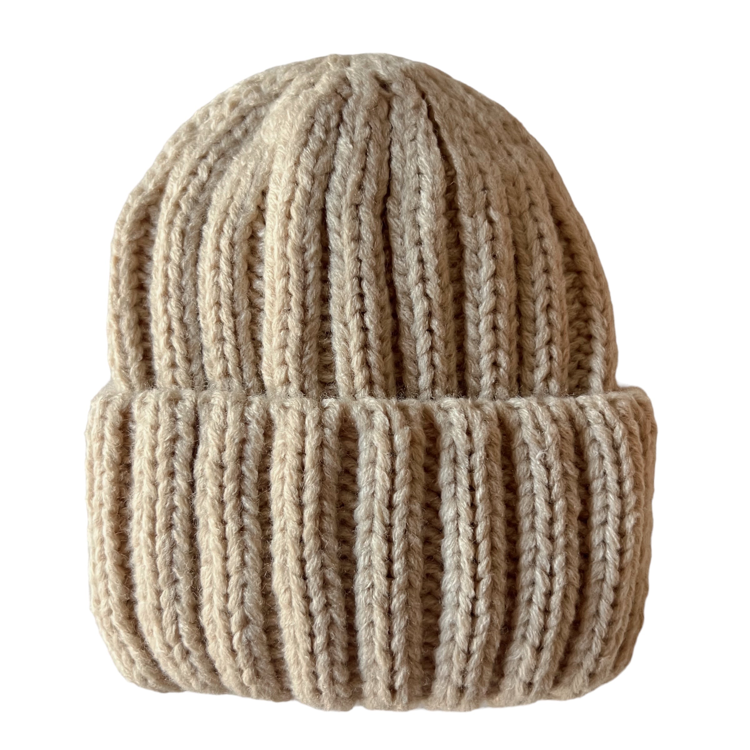 Cream knit beanie hat with ribbed texture, designed to provide warmth in cold weather.