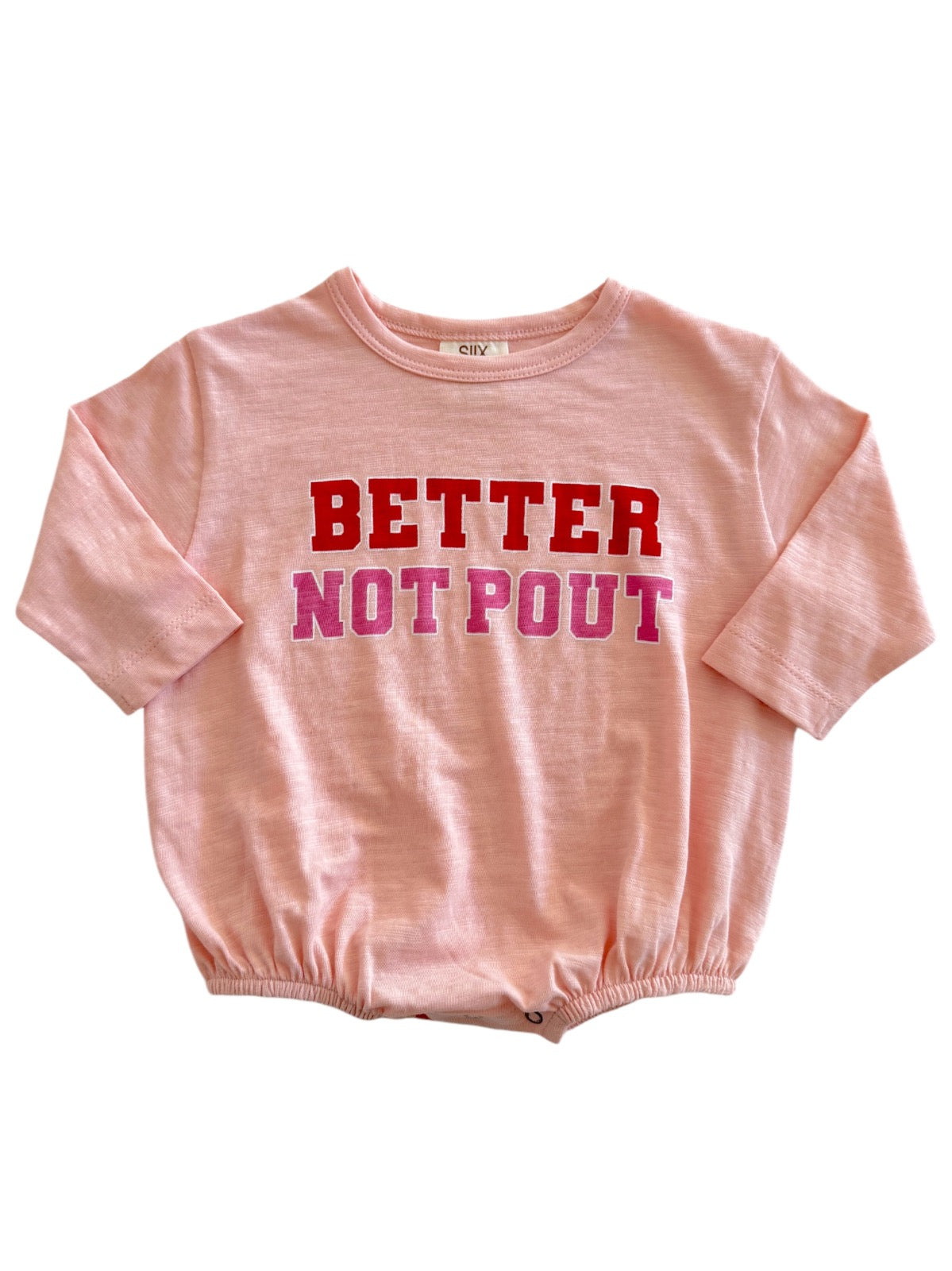 Pink shirt with the text "BETTER NOT POUT" in bold, colorful letters. Baby or toddler size.