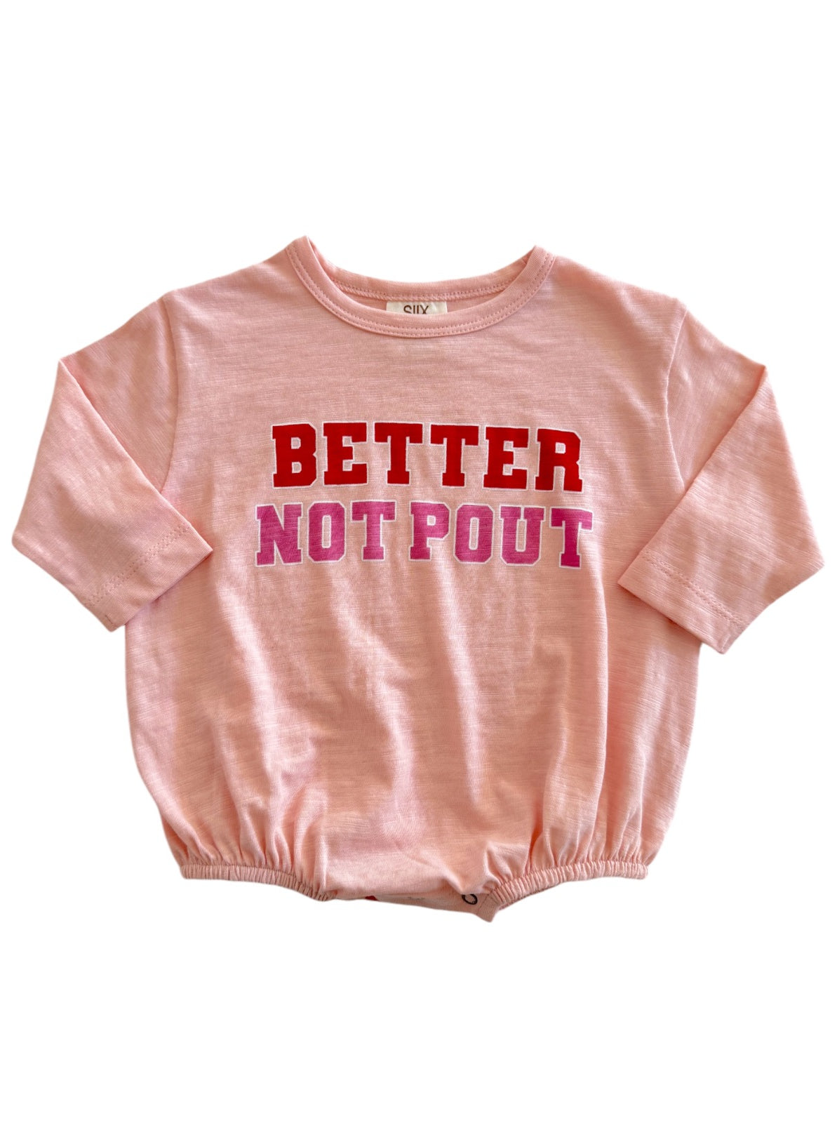 Pink shirt with the text "BETTER NOT POUT" in bold, colorful letters. Baby or toddler size.