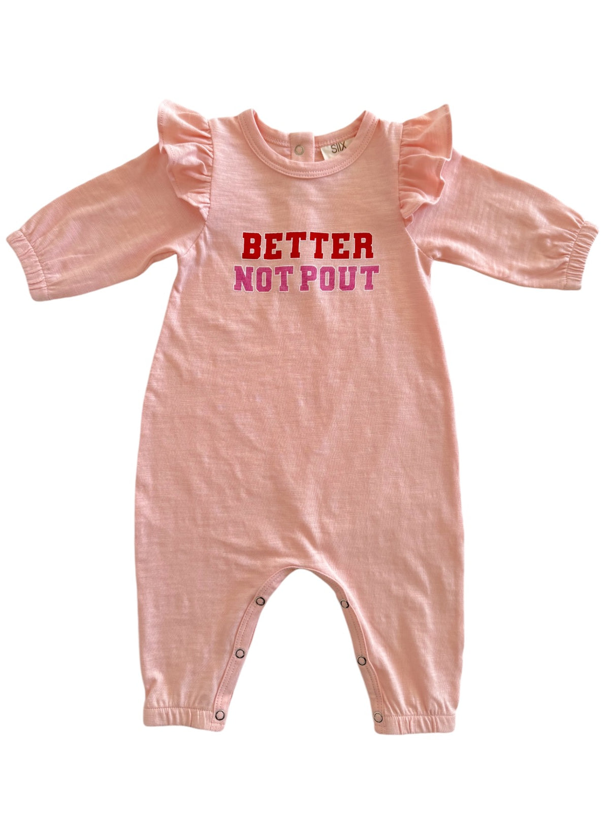 Pink baby onesie with ruffled sleeves and the words "Better Not Pout" printed in colorful letters.