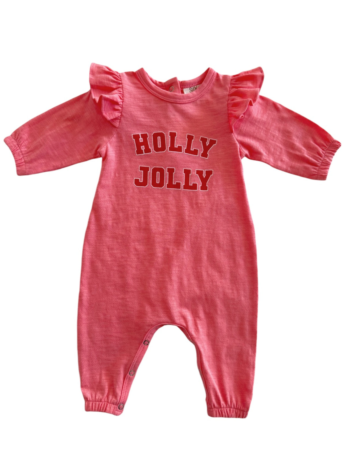 Pink romper with ruffled sleeves, featuring the text "Holly Jolly" in bold red letters. Perfect for festive occasions.