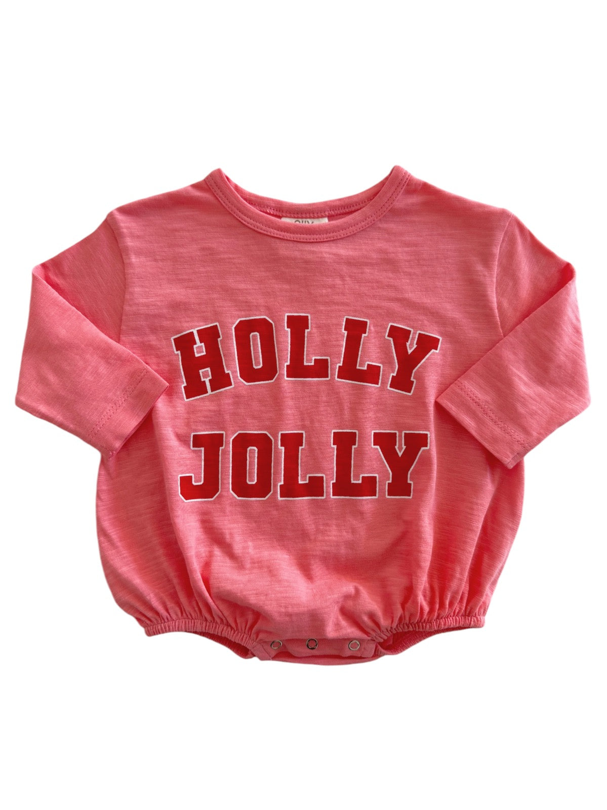Light pink baby onesie with the text "HOLLY JOLLY" in bold red letters on the front.