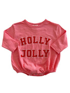 Light pink baby onesie with the text "HOLLY JOLLY" in bold red letters on the front.