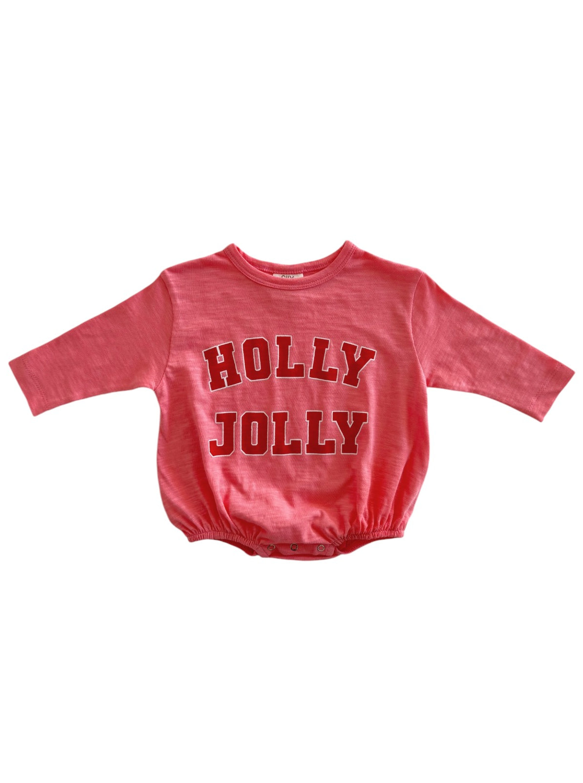 Pink long-sleeve baby bodysuit with "HOLLY JOLLY" printed in bold, festive letters.