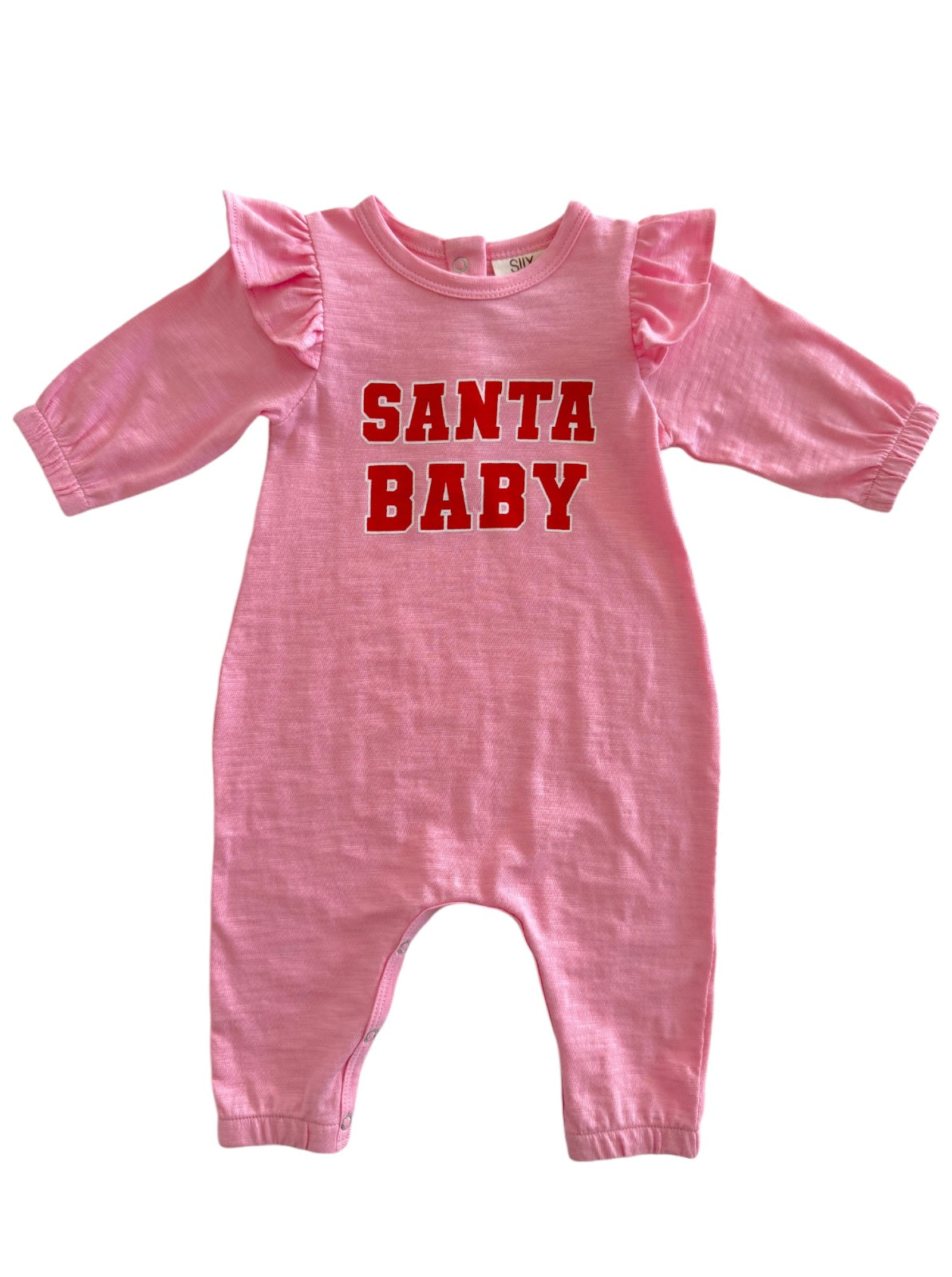 Pink baby onesie with ruffled sleeves and the text "SANTA BABY" in bold red letters.