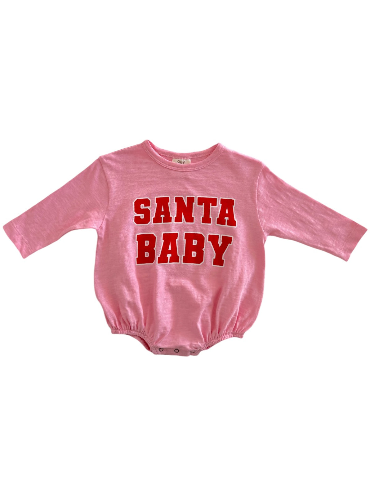 Pink long-sleeve baby onesie with red "SANTA BABY" text on the front.