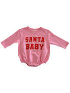 Pink long-sleeve baby onesie with red "SANTA BABY" text on the front.