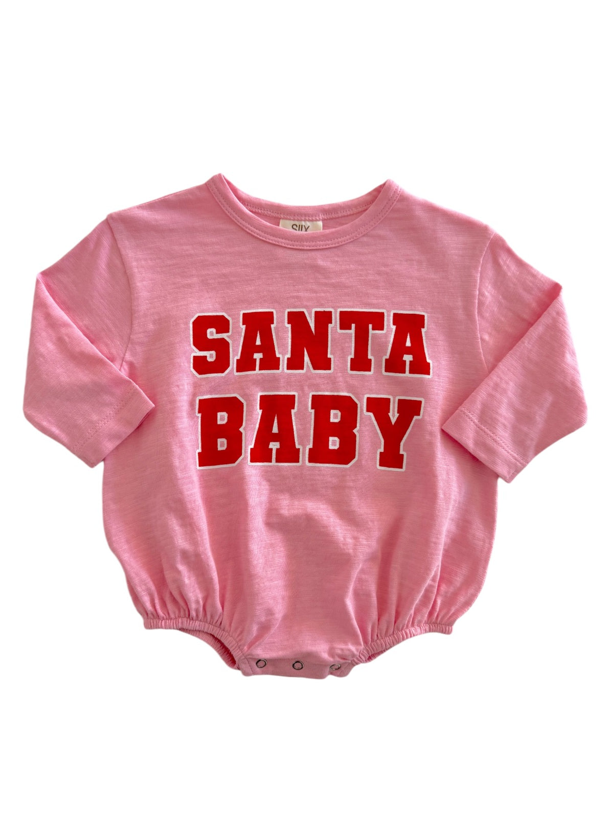 Pink baby bodysuit with "SANTA BABY" printed in bold red letters.