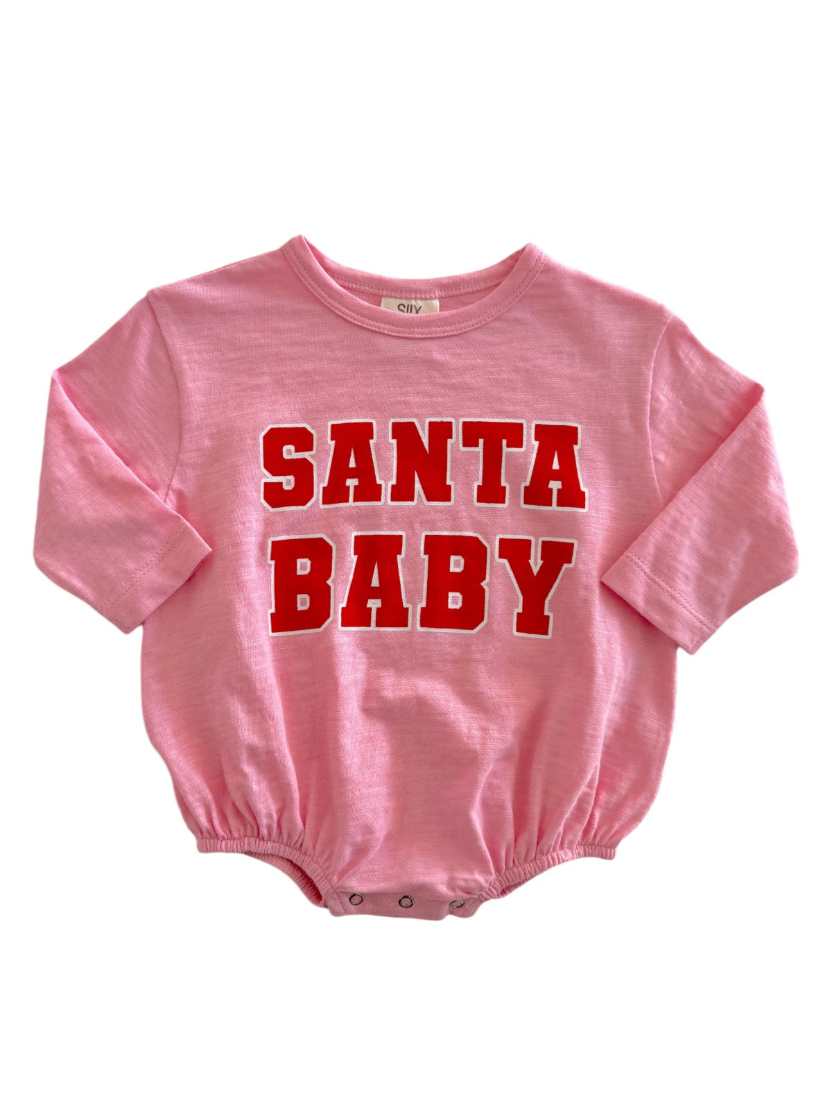 Pink baby bodysuit with "SANTA BABY" printed in bold red letters.
