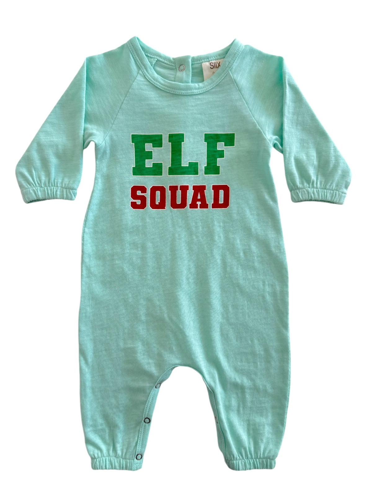 Light blue toddler onesie featuring the text "ELF SQUAD" in green and red letters. Perfect for holiday wear.