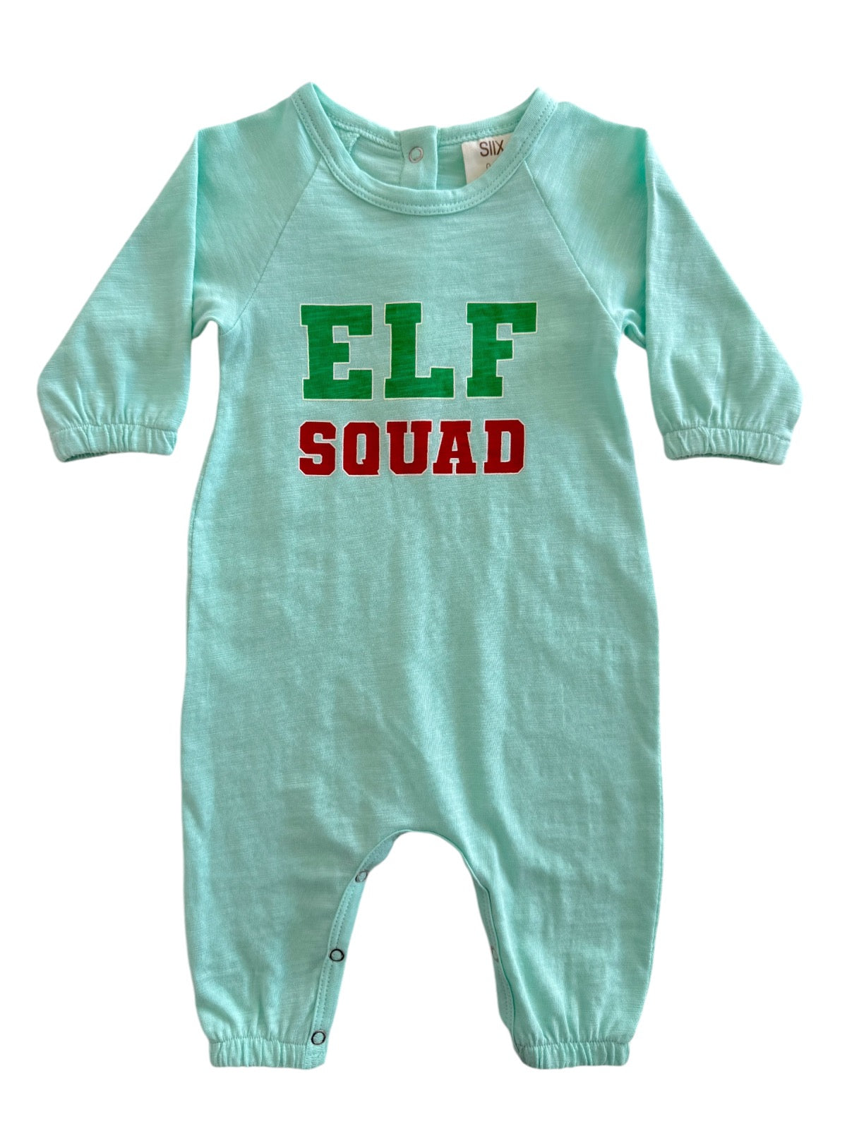 Light blue toddler onesie featuring the text "ELF SQUAD" in green and red letters. Perfect for holiday wear.