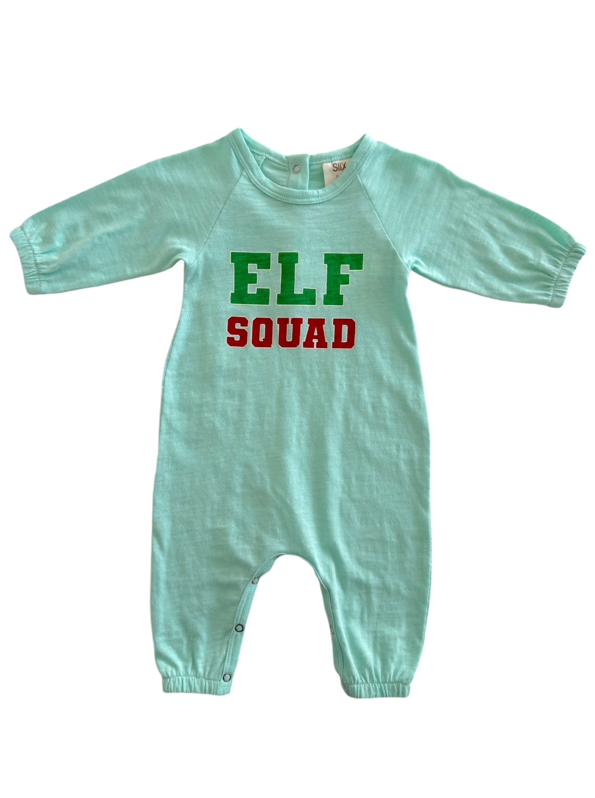 Light blue onesie with "ELF SQUAD" printed in green and red letters on the front.