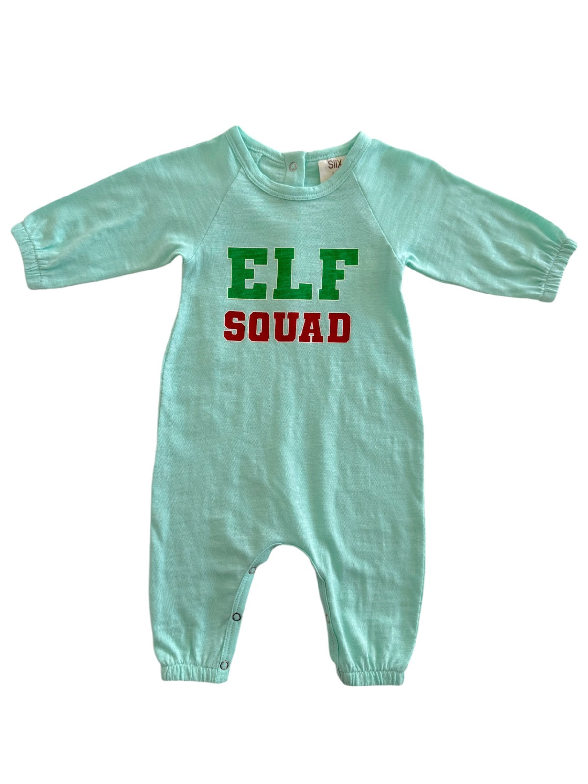 Light blue onesie with "ELF SQUAD" printed in green and red letters on the front.