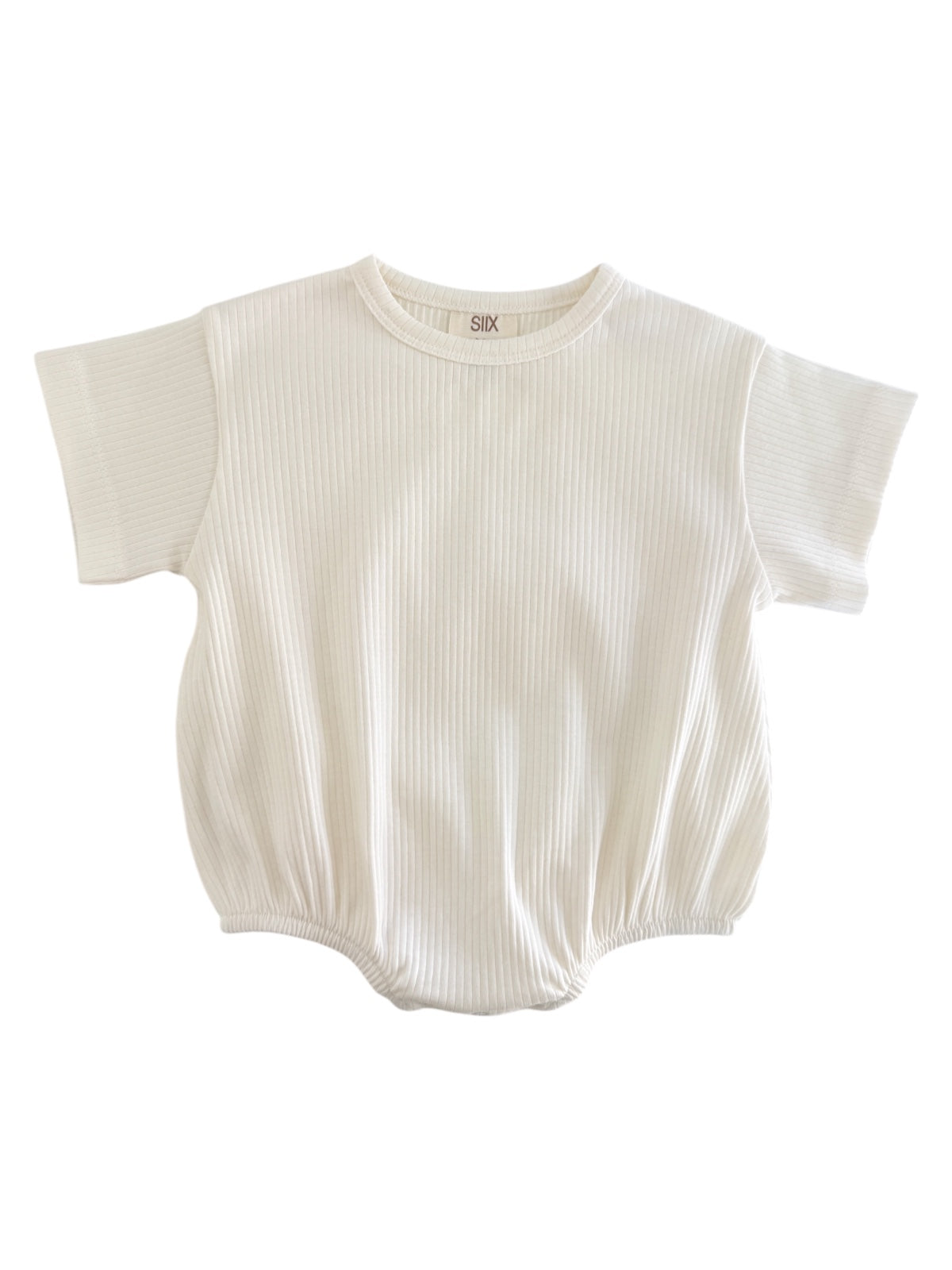 White ribbed baby onesie with short sleeves and elasticized bottom.