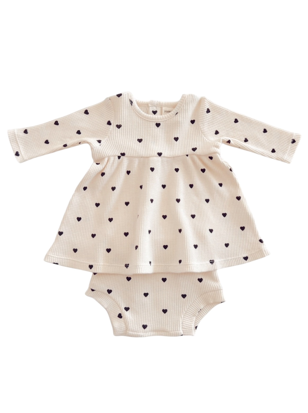 Cream dress with navy heart prints and matching bloomers for infants. Perfect for casual wear.