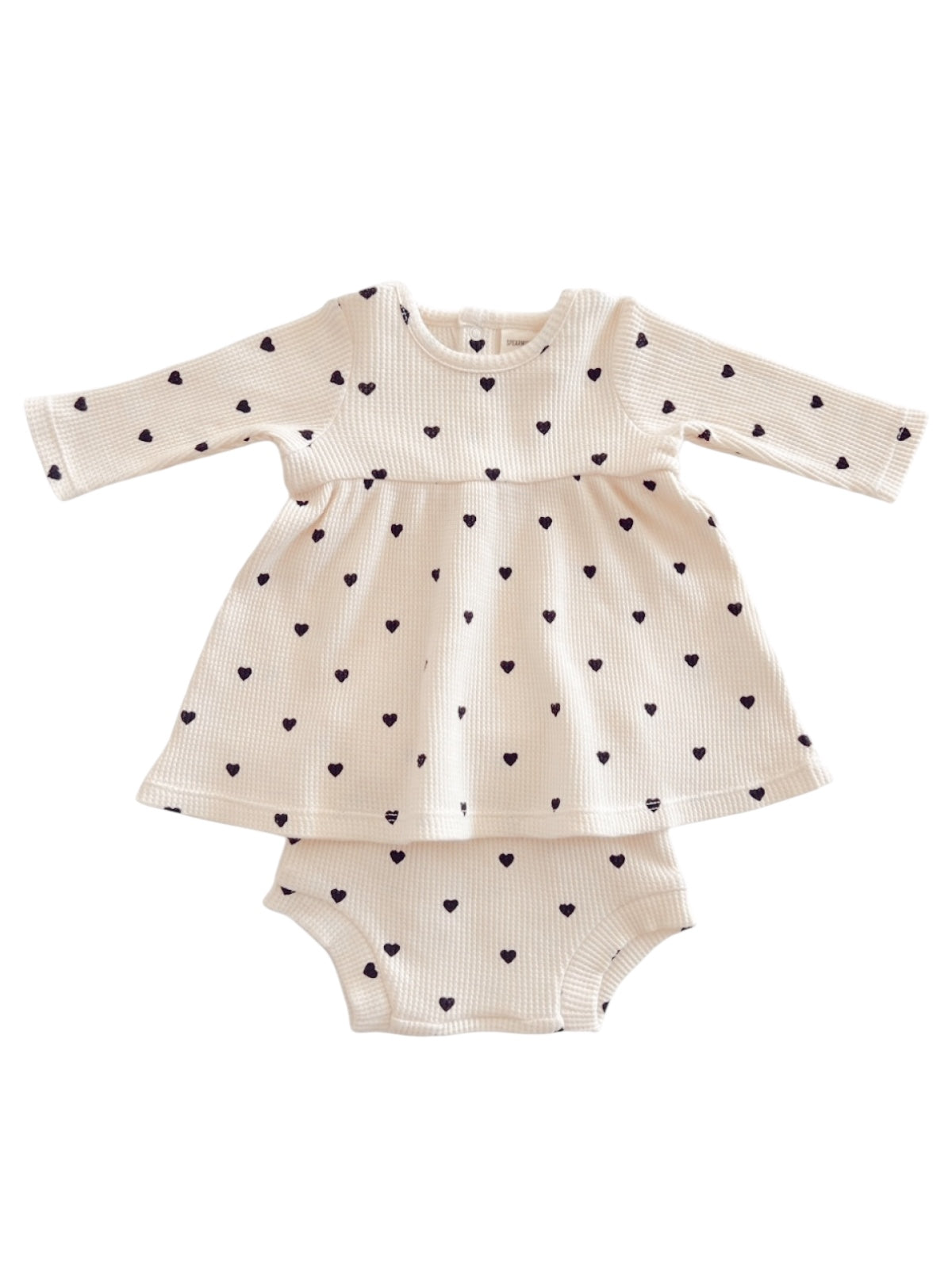 Cream dress with navy heart prints and matching bloomers for infants. Perfect for casual wear.