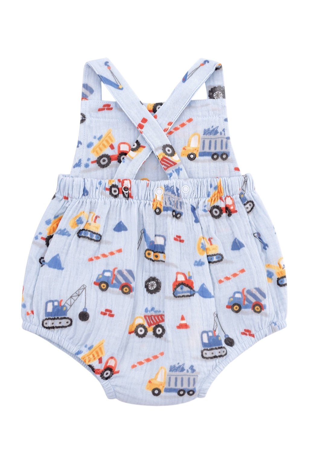 Light blue baby romper with prints of construction vehicles like trucks and cranes. Ideal for playful outfits.