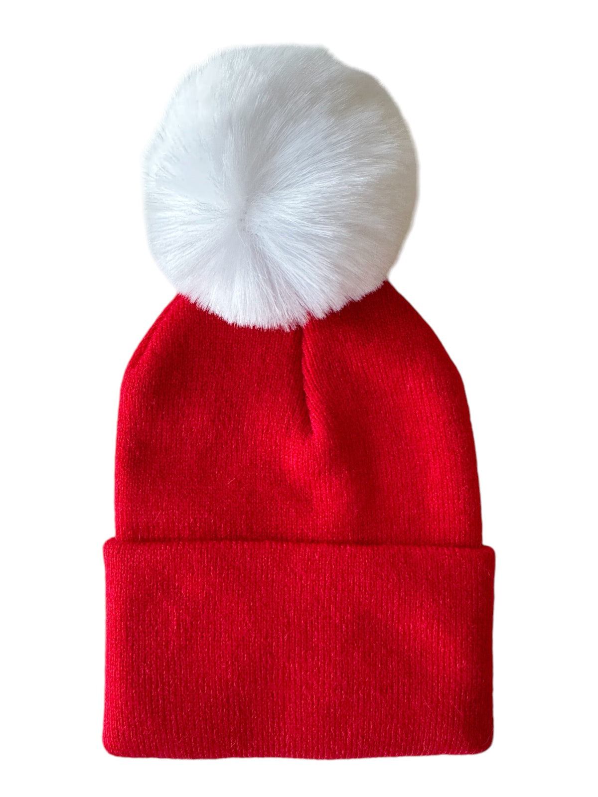 Red knit beanie hat with a large white pom-pom on top.