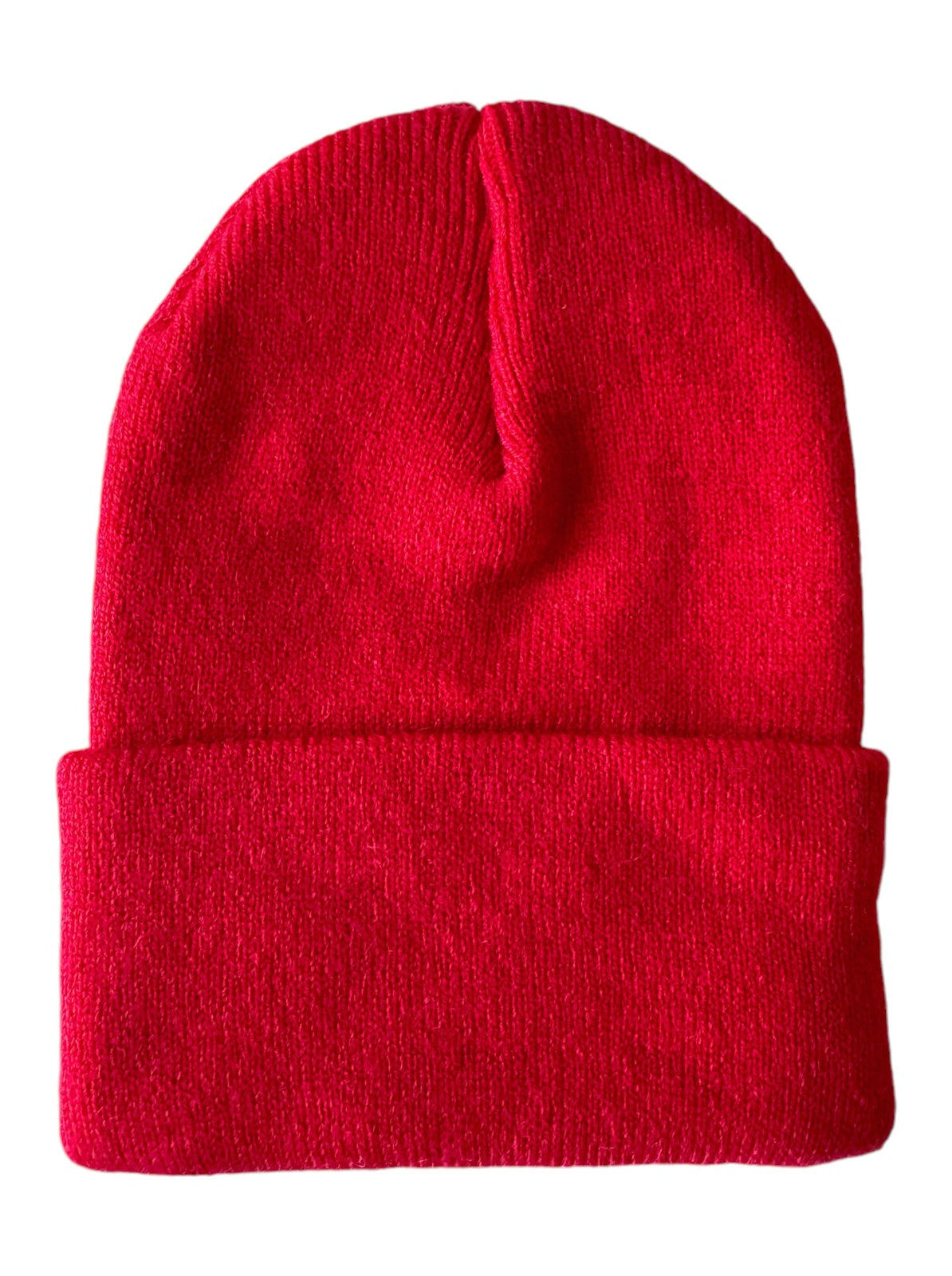 Red knitted beanie hat with a turn-up brim, suitable for cold weather.