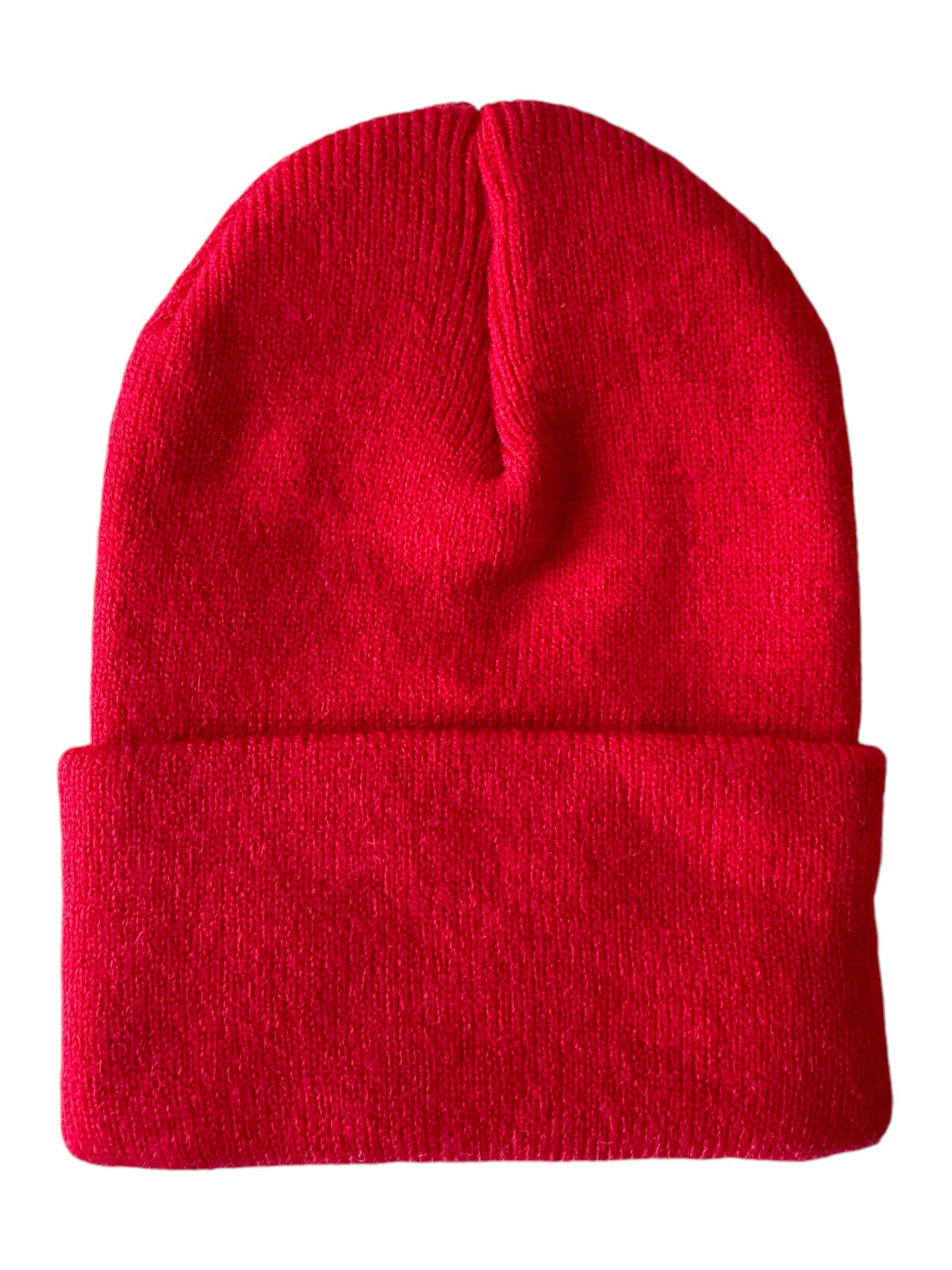 Red knitted beanie hat with a turn-up brim, suitable for cold weather.