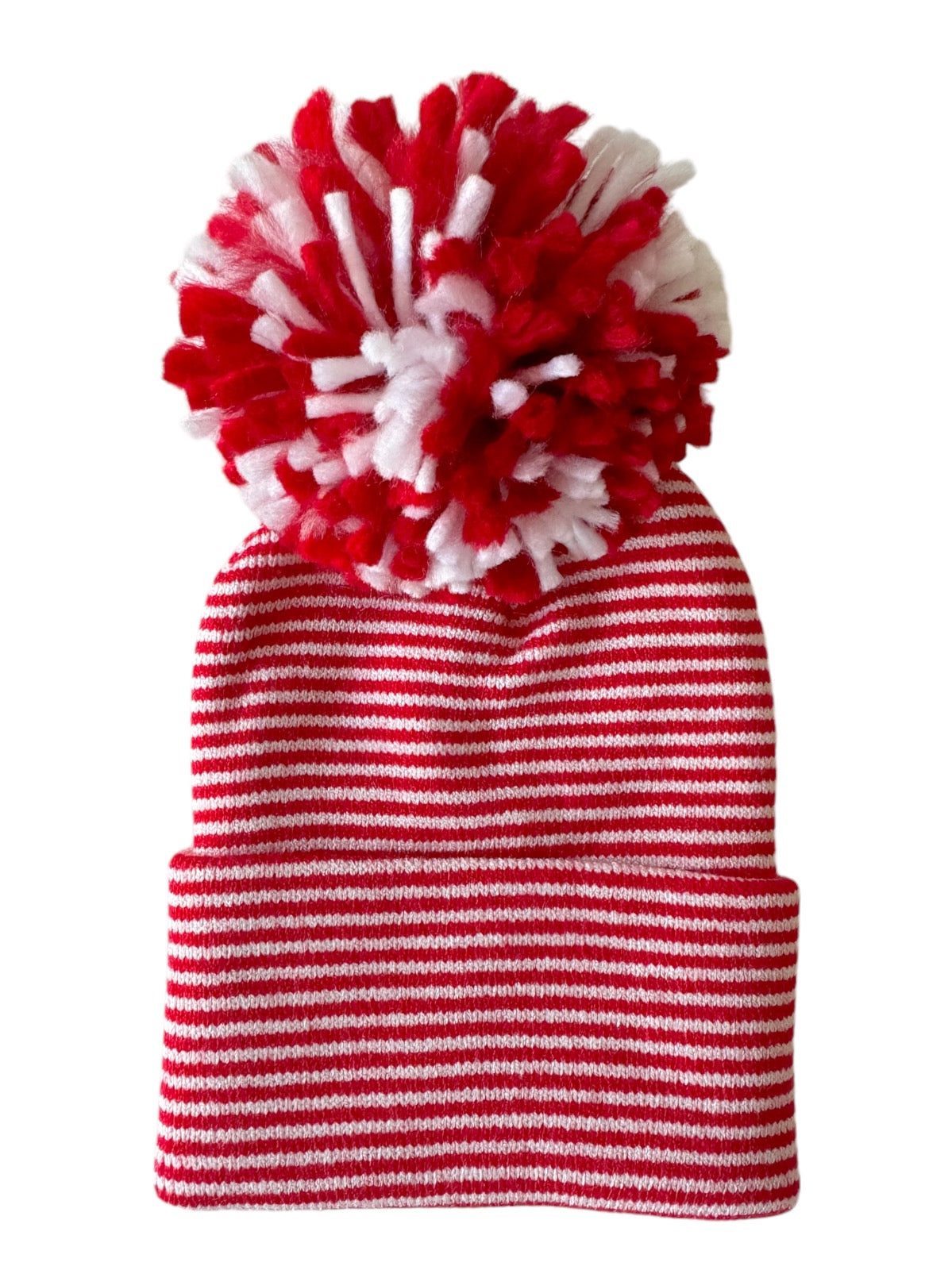 Red and white striped beanie hat with a large, fluffy pom-pom on top.