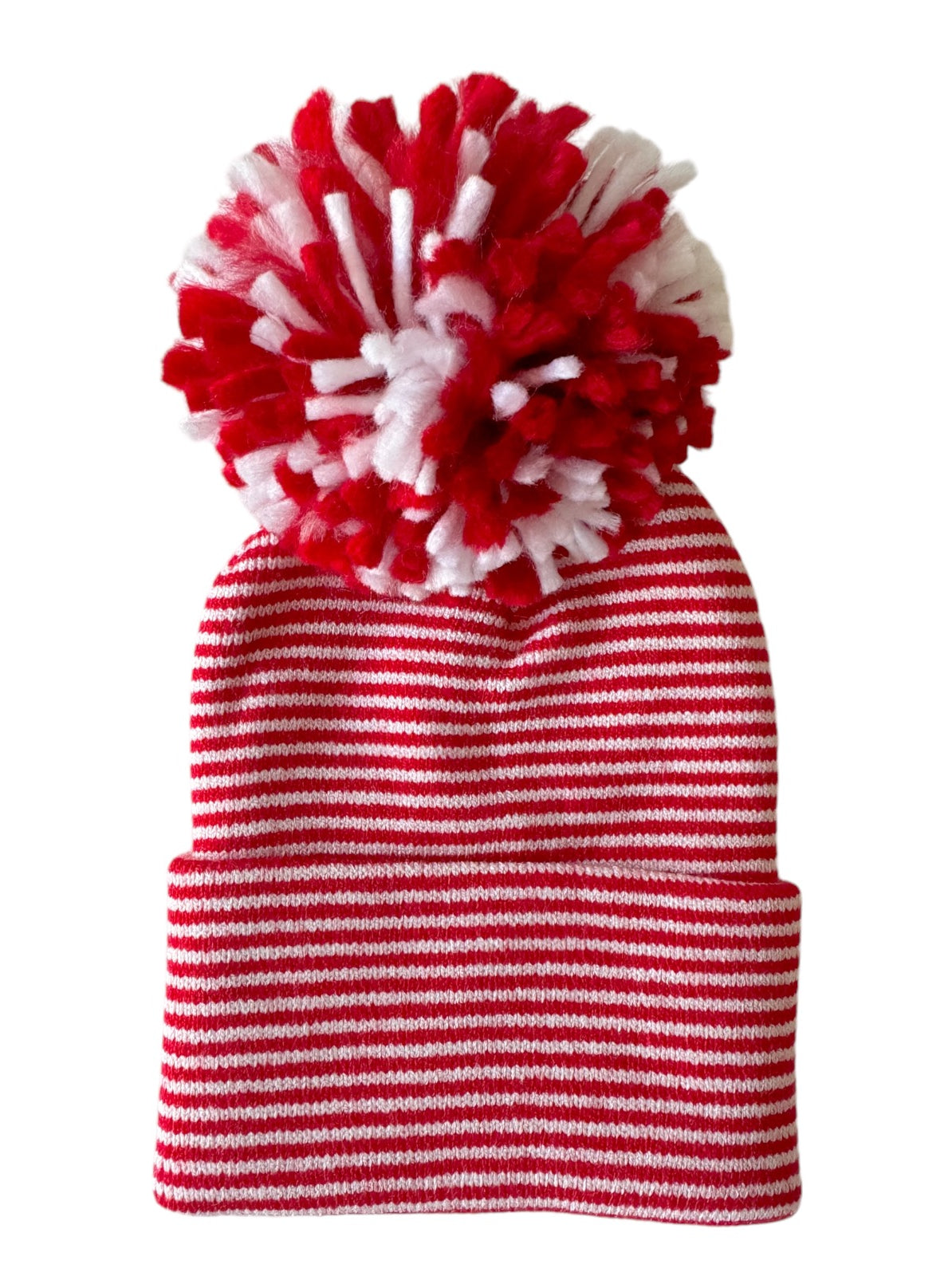 Red and white striped beanie hat with a large, fluffy pom-pom on top.