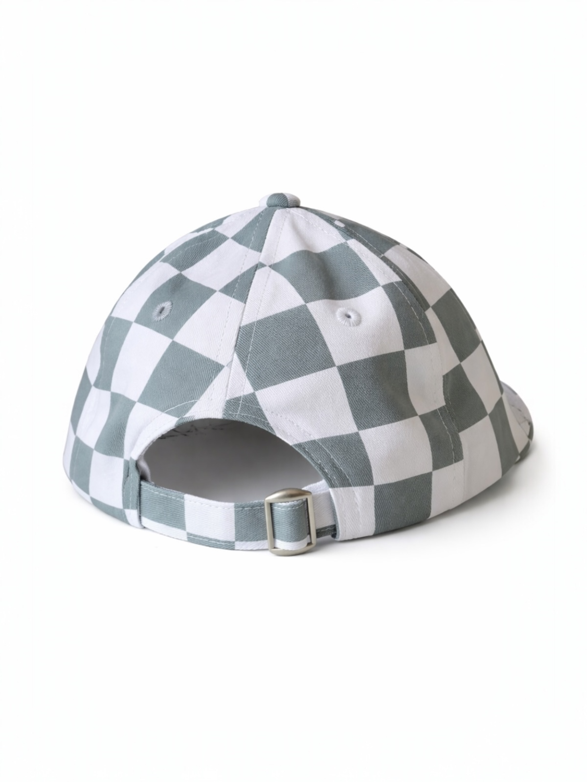 Back view of a checkered cap in gray and white with an adjustable strap.