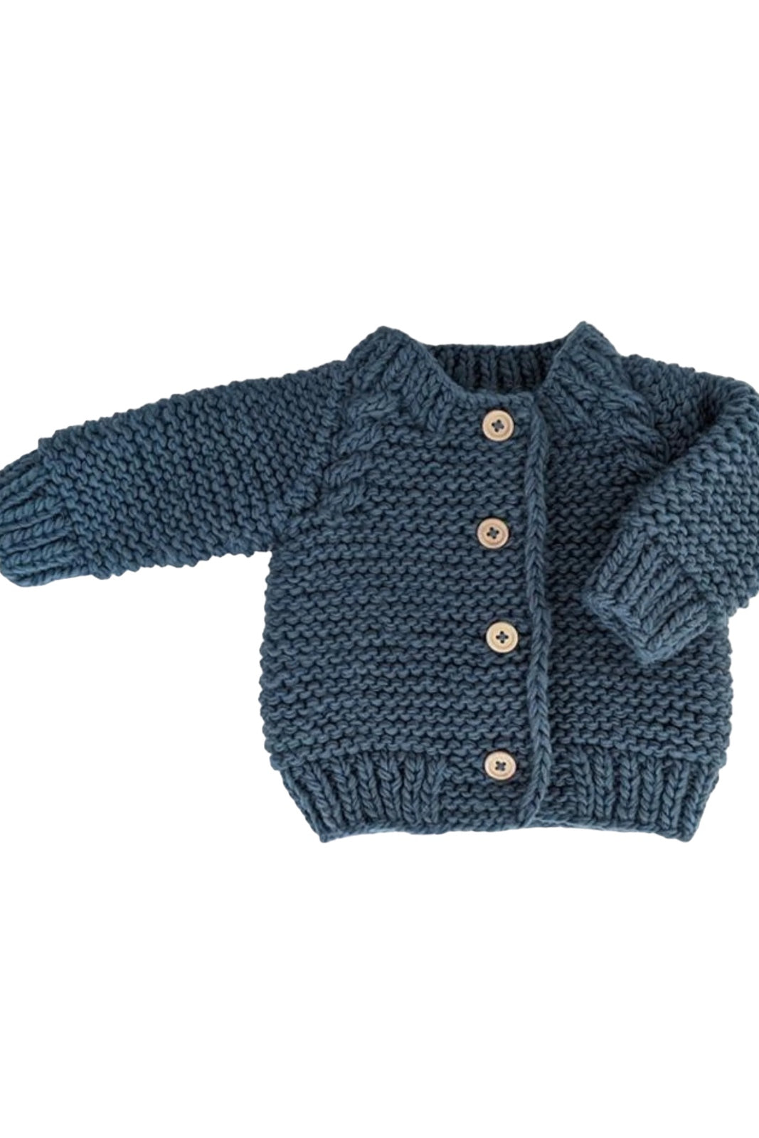 Blue knitted baby cardigan with wooden buttons and ribbed cuffs.