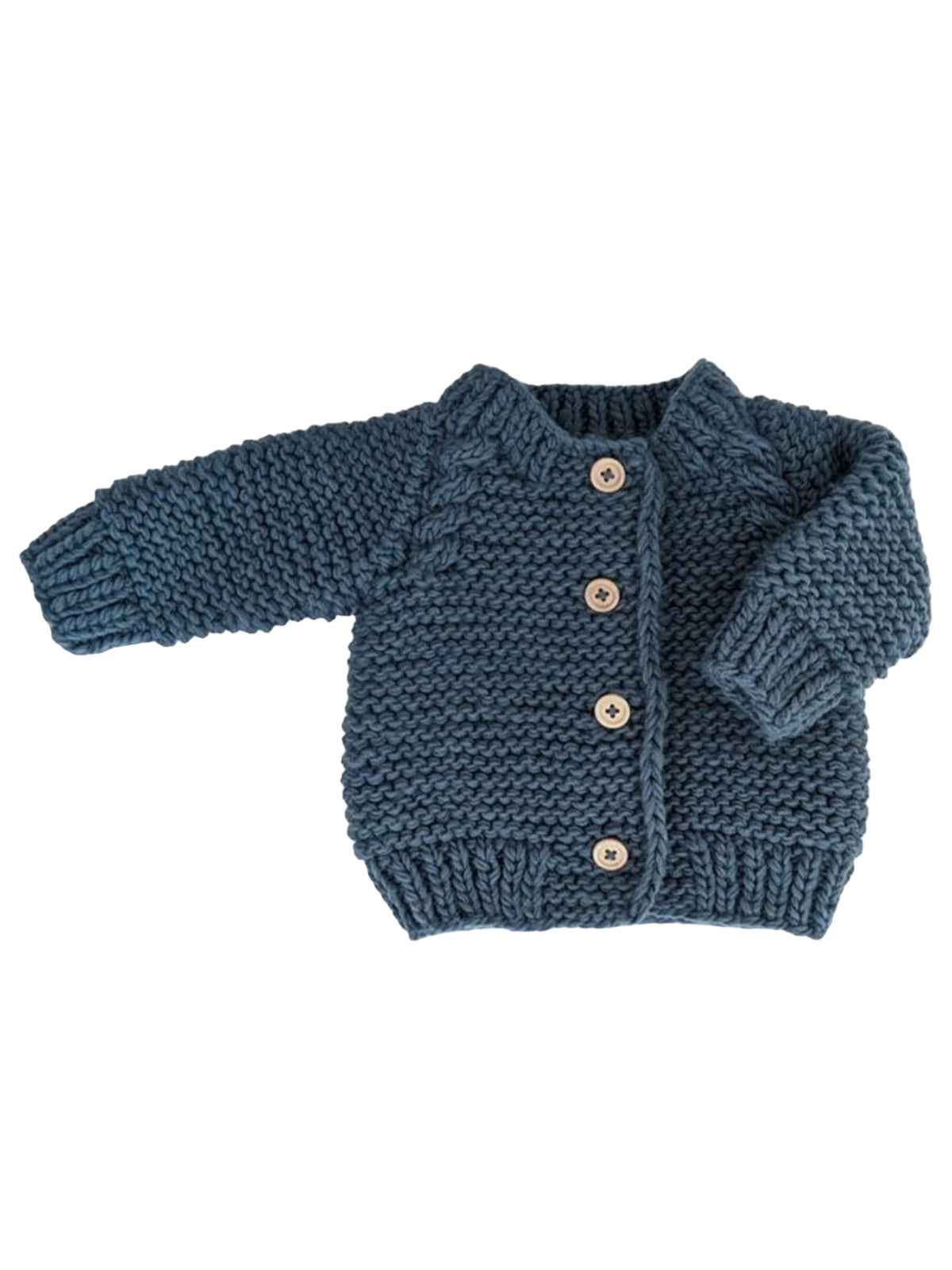 Blue knitted baby cardigan with wooden buttons and ribbed cuffs.
