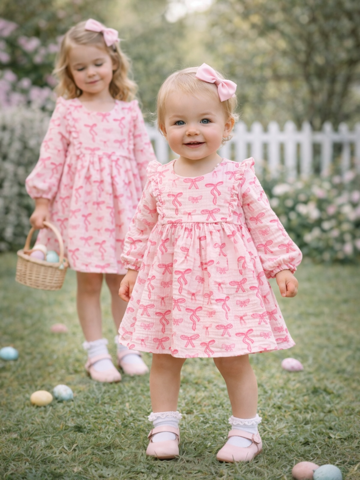 Two young girls in matching pink dresses with bows, smiling amid pastel Easter eggs on grass.