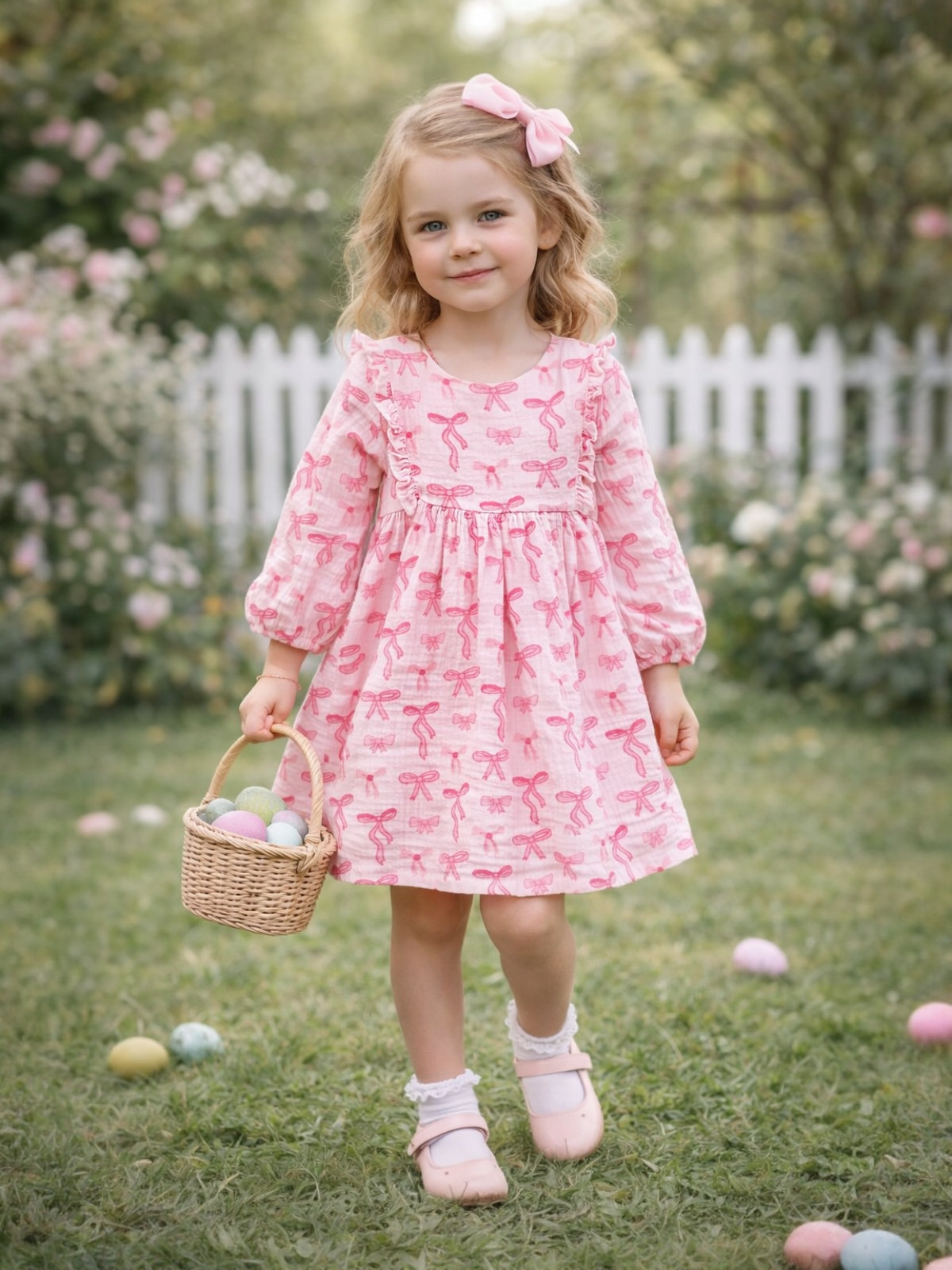 Young girl in a pink dress with bows, holding a basket of eggs in a garden with flowers and a white picket fence.