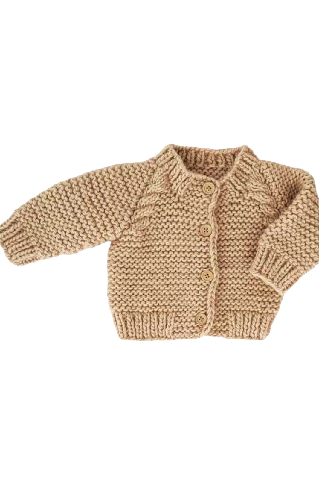 Tan knitted baby cardigan with buttons, featuring a cozy design and textured fabric. Perfect for warm layering.